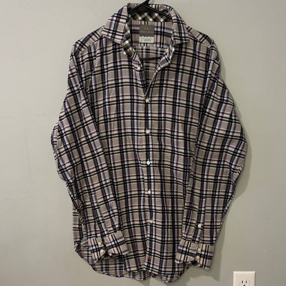 Thomas Dean Purple and White‎ Plaid Button Down Dress Shirt